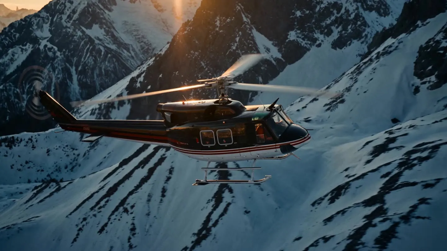 A Coldstream Bell 212 helicopter banking through snow-covered mountain peaks at golden hour