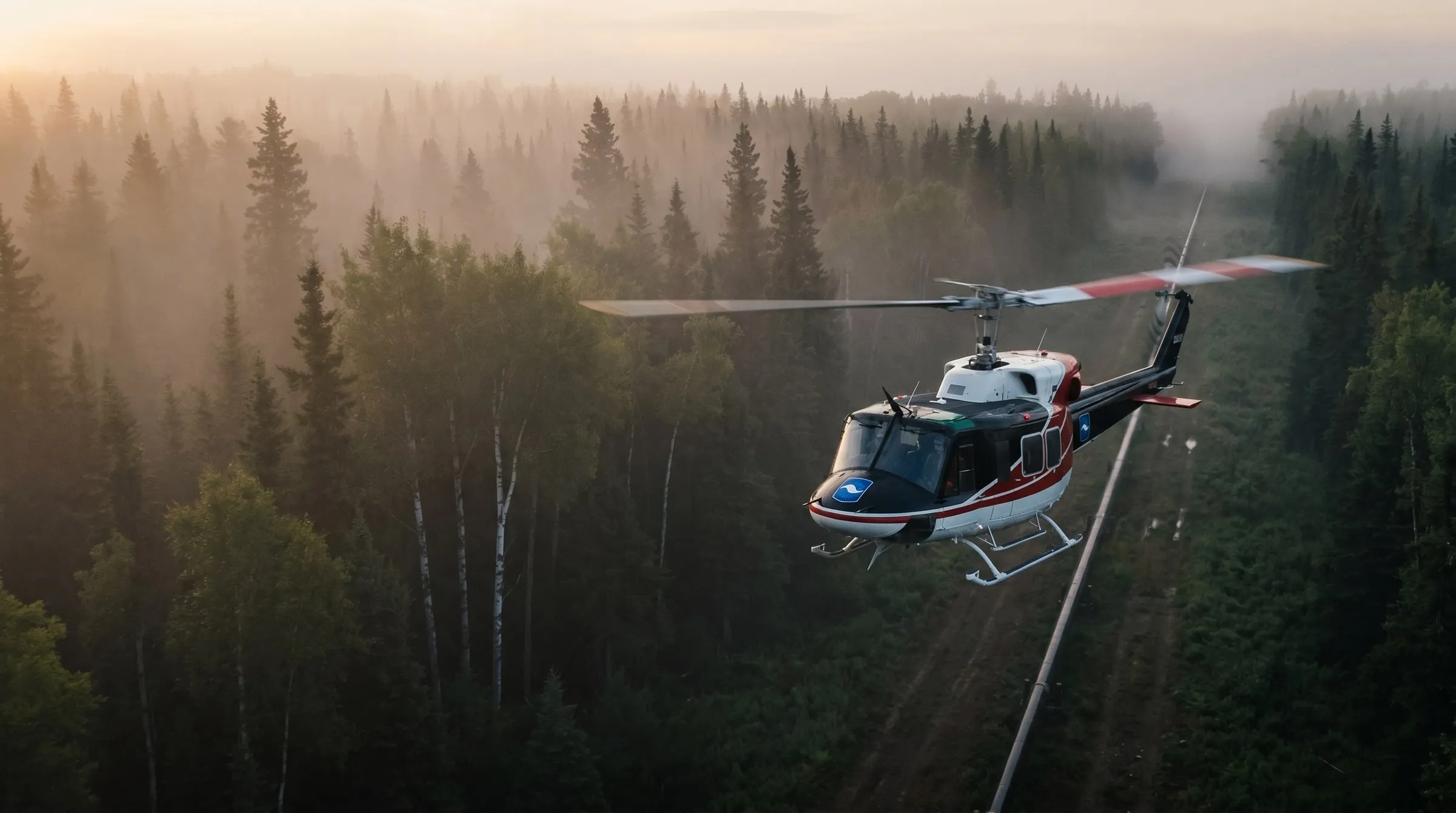 A Coldstream Bell 212 helicopter flying low along a pipeline corridor through misty boreal forest
