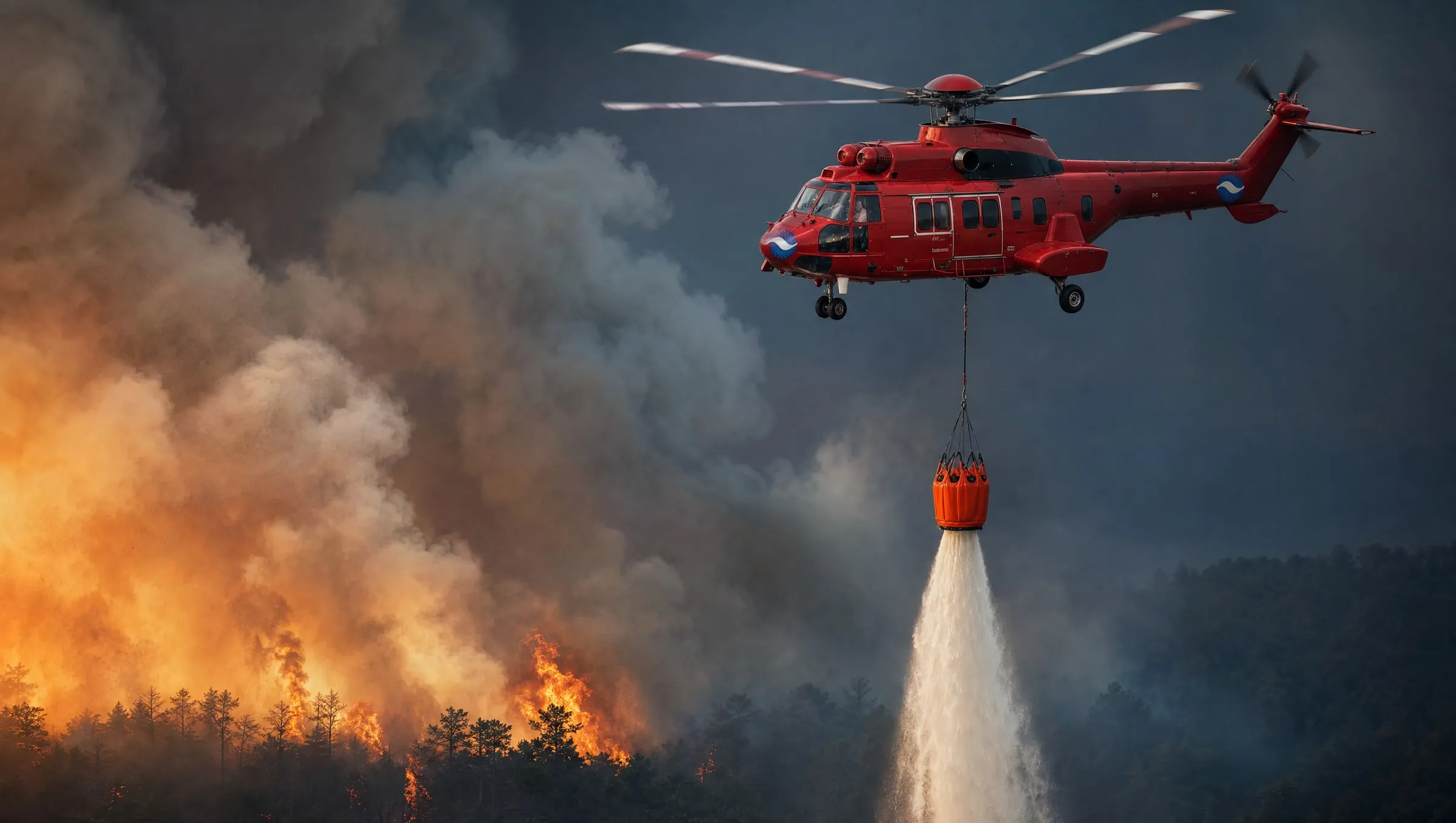 A red Coldstream Super Puma helicopter making a water-bucket drop on a forest wildfire